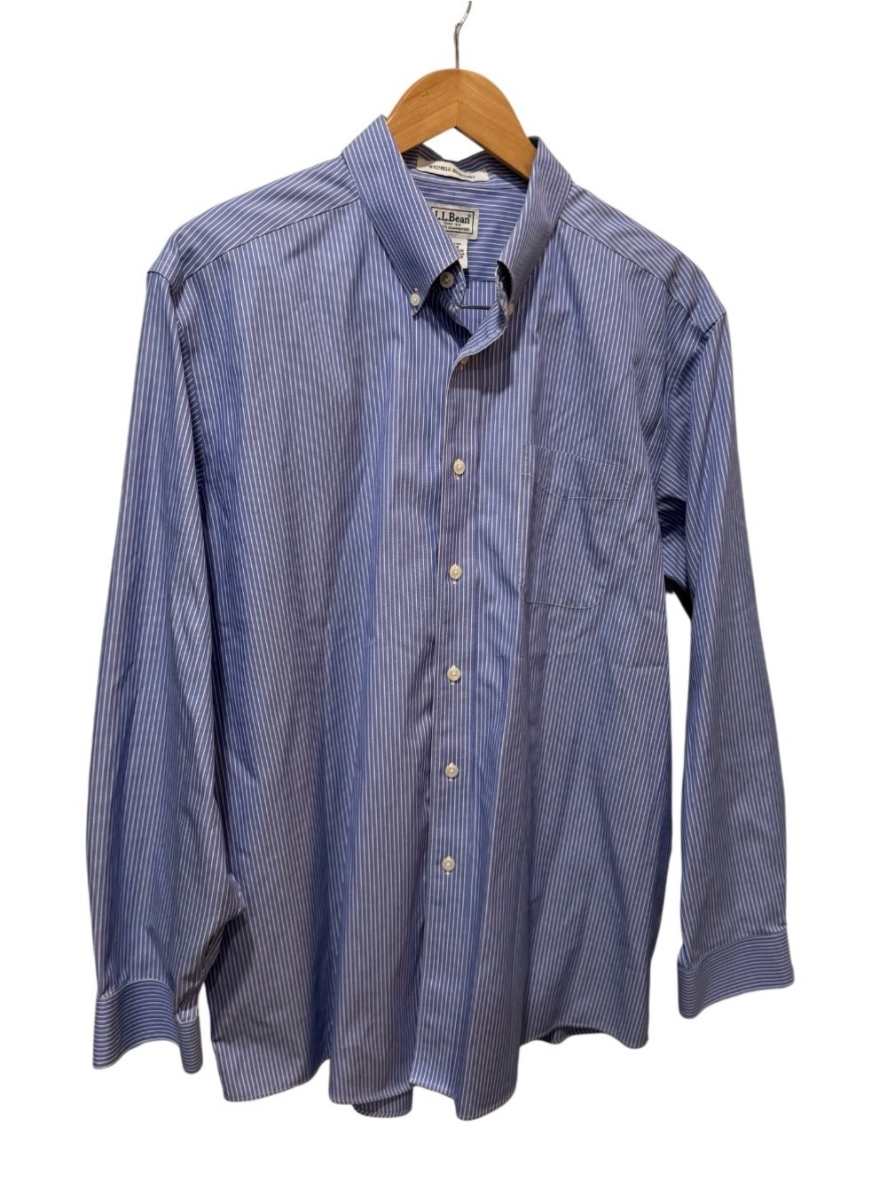 LL Bean Mens Wrinkle Free 16 1/2/ 34 Blue Striped Oxford Button Up Dress Shirt